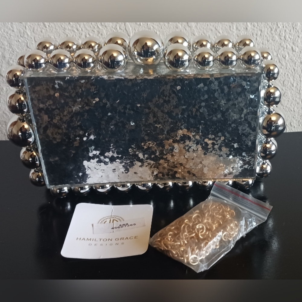 Women Acrylic Silver Shimmering Clutch Purse Handbag Box Crossbody Gold Chain